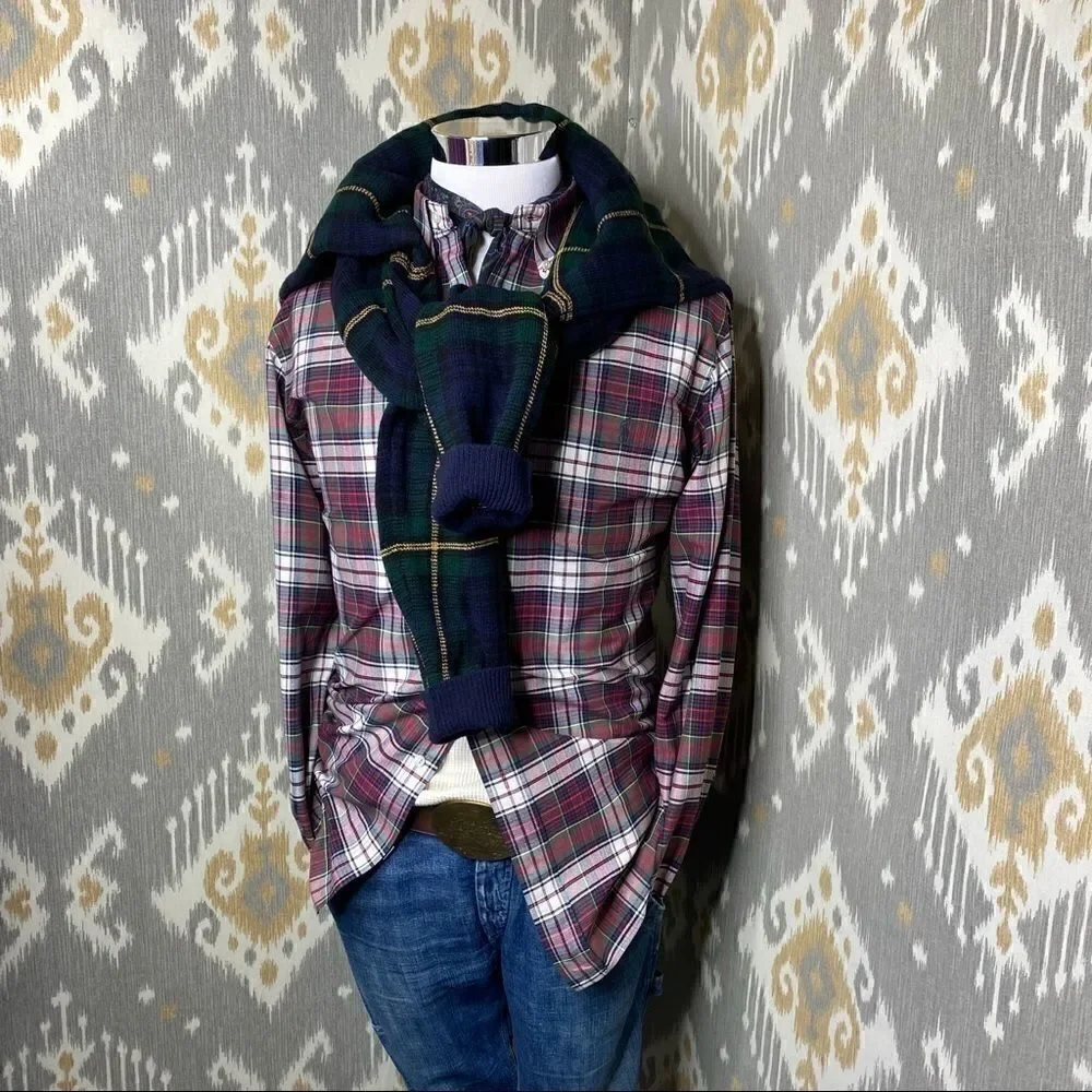 Polo Ralph Lauren Classic Tartan Plaid Oxford Button Down Shirt Red Navy Green